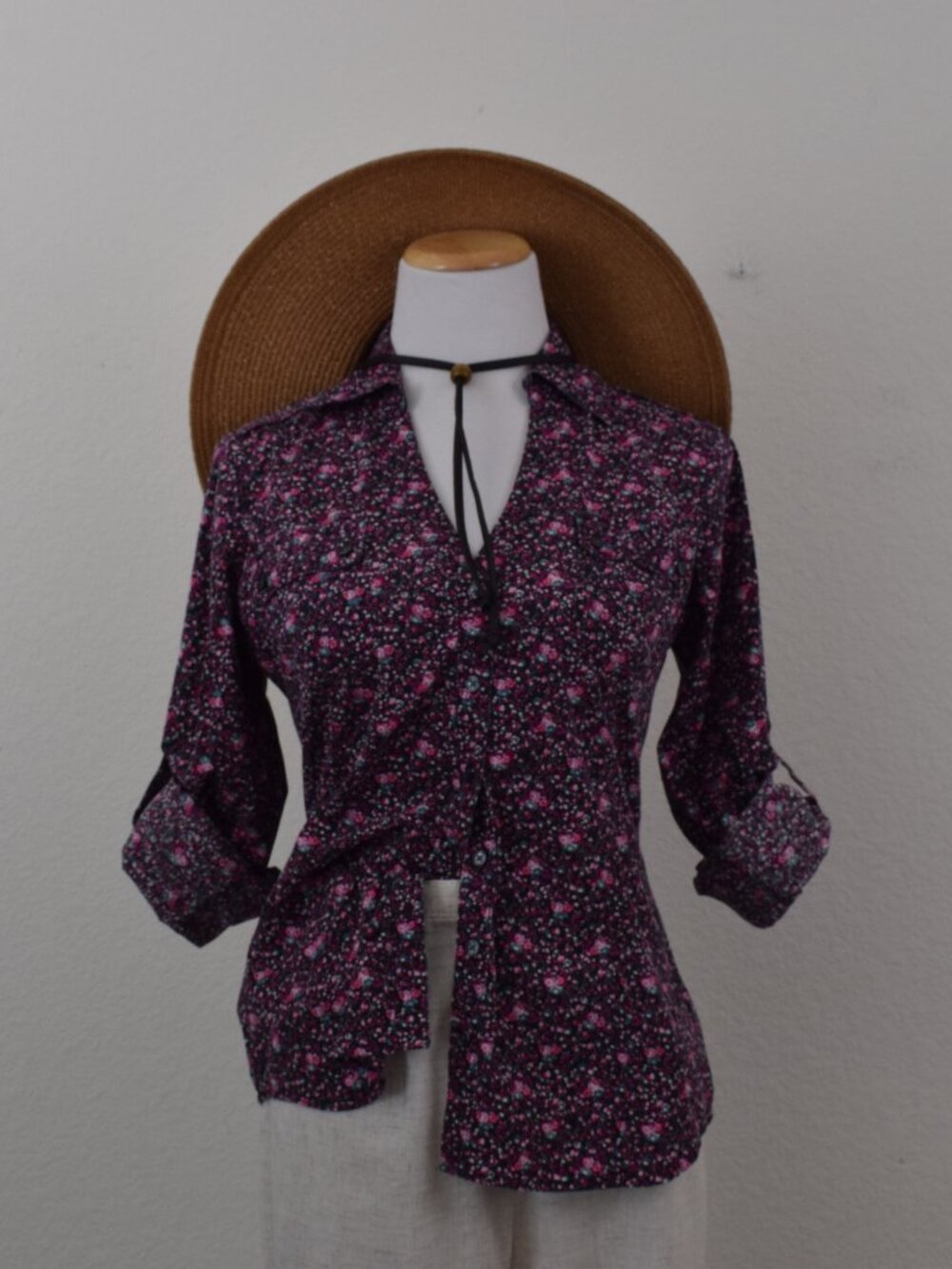 Vintage 90s Express Floral‎ Long Sleeve Stretch Blouse | size M